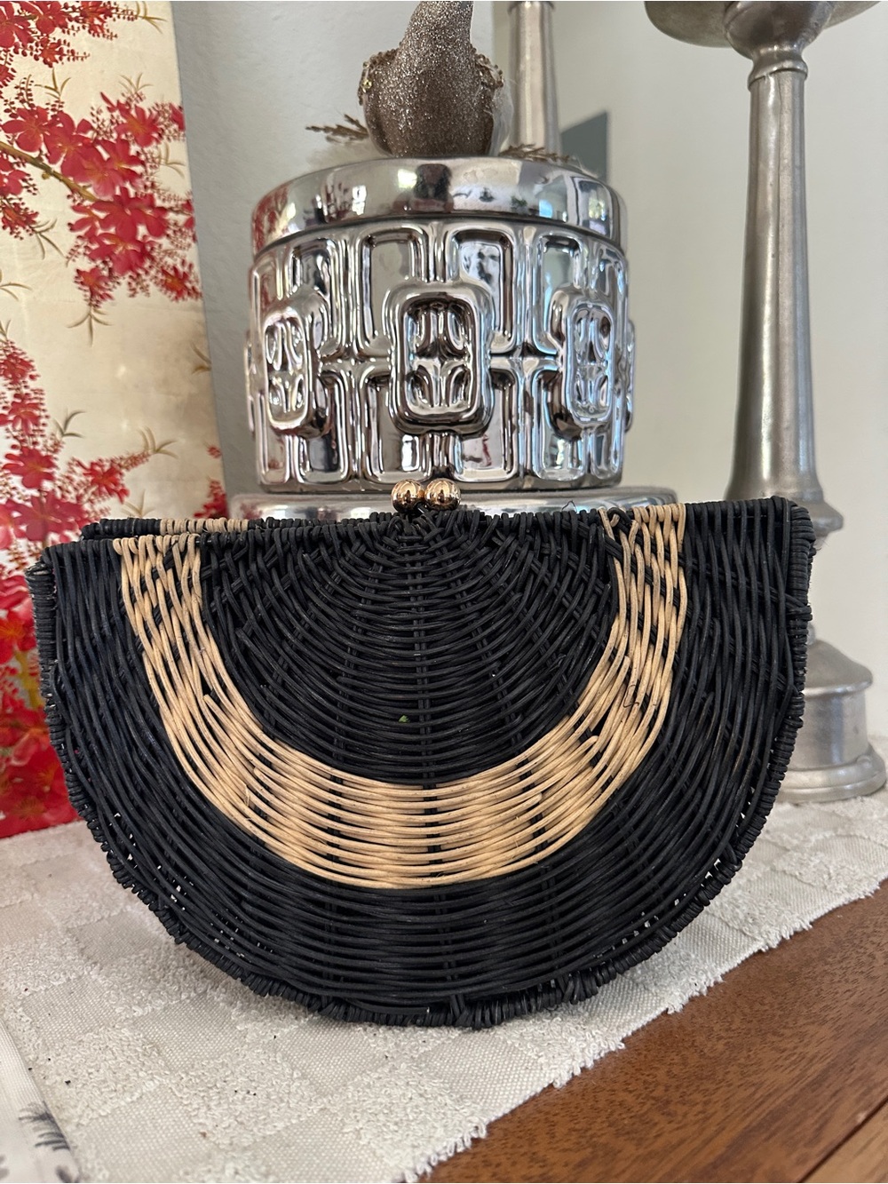 Black and Natural Half-Moon Woven Accent Clutch - Brand: